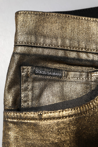 Gold Tattered Cotton Stretch Slim Denim Jeans