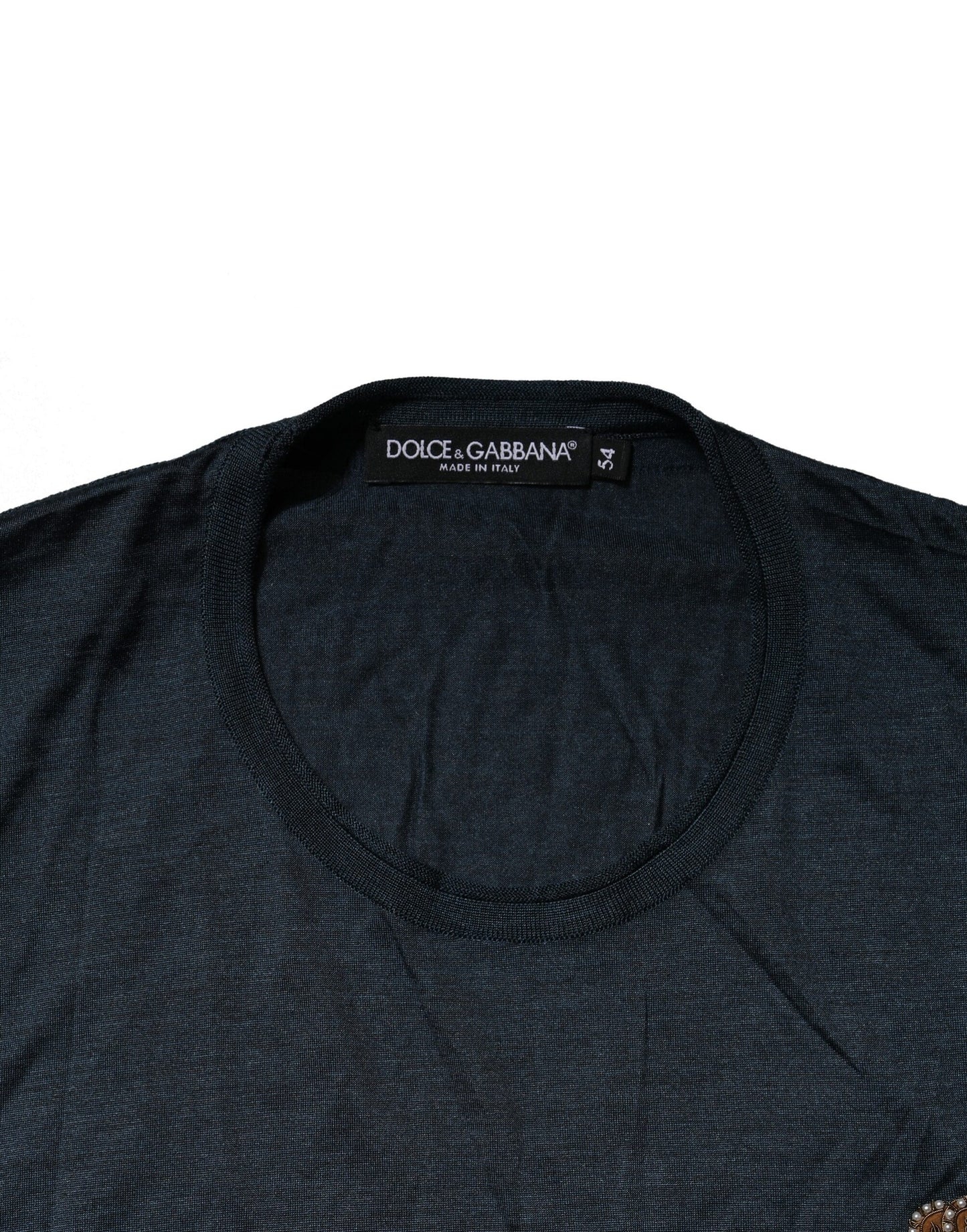 Dark Blue Silk Logo Patch Crew Neck T-shirt