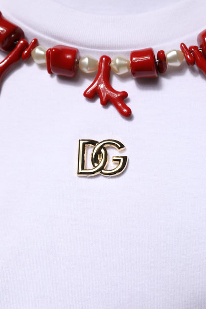 White Embellished Cotton Crew Neck T-shirt