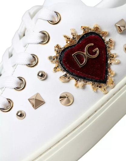 White Leather Gold Red Heart Sneakers Shoes