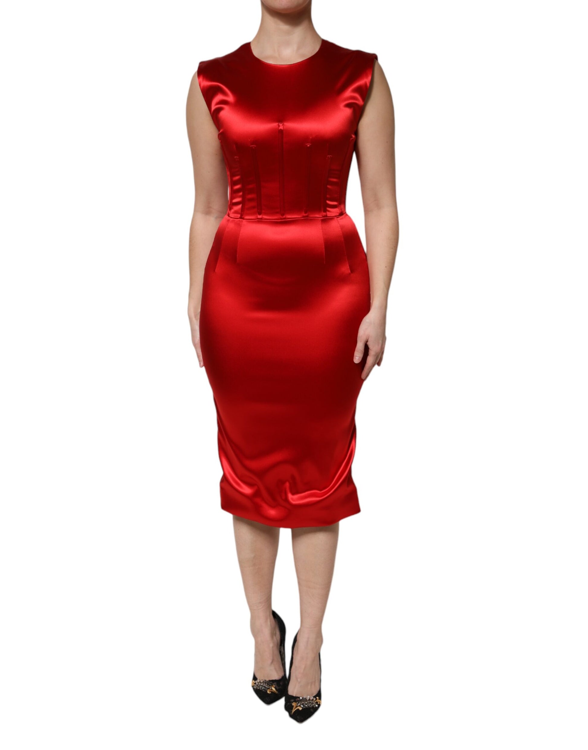 Red Acetate Sleeveless Sheath Midi Dress