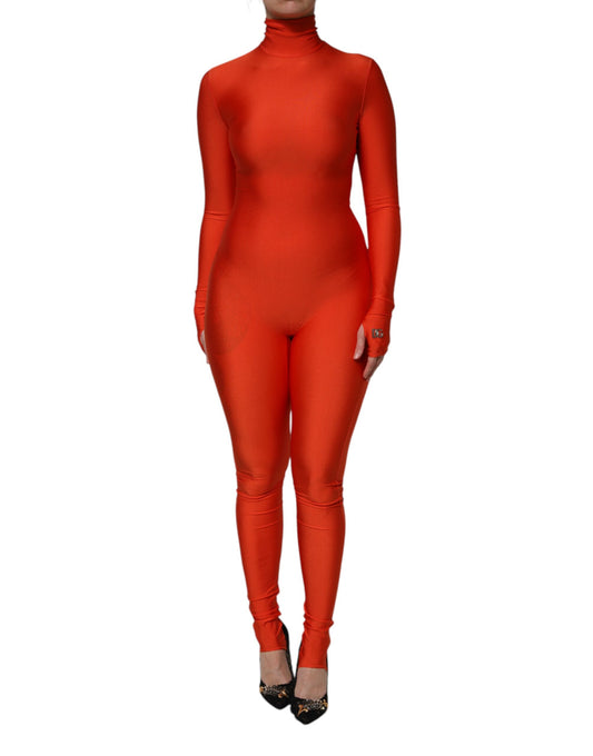Red Nylon Turtleneck Bodycon Jumpsuit Dress
