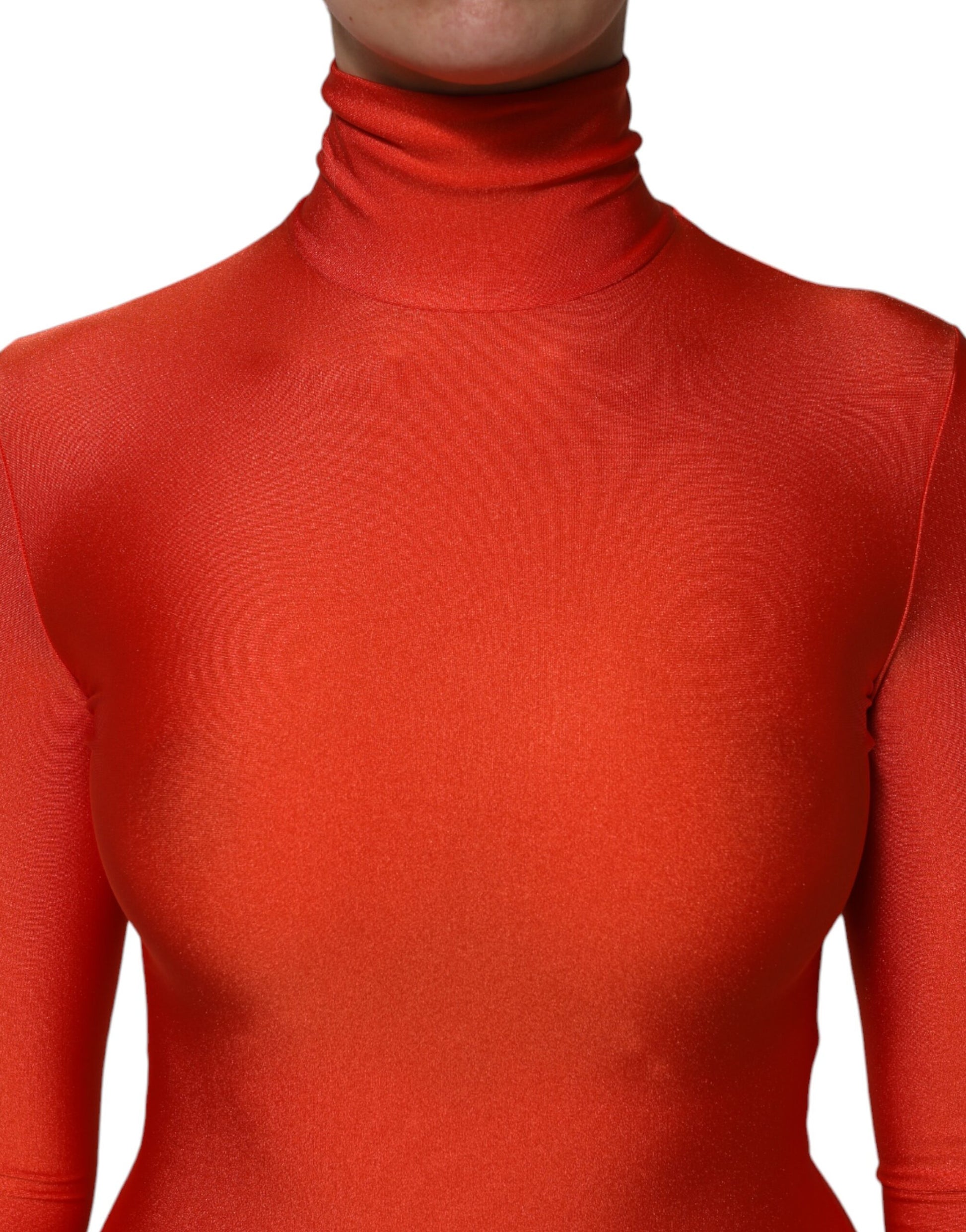 Red Nylon Turtleneck Bodycon Jumpsuit Dress