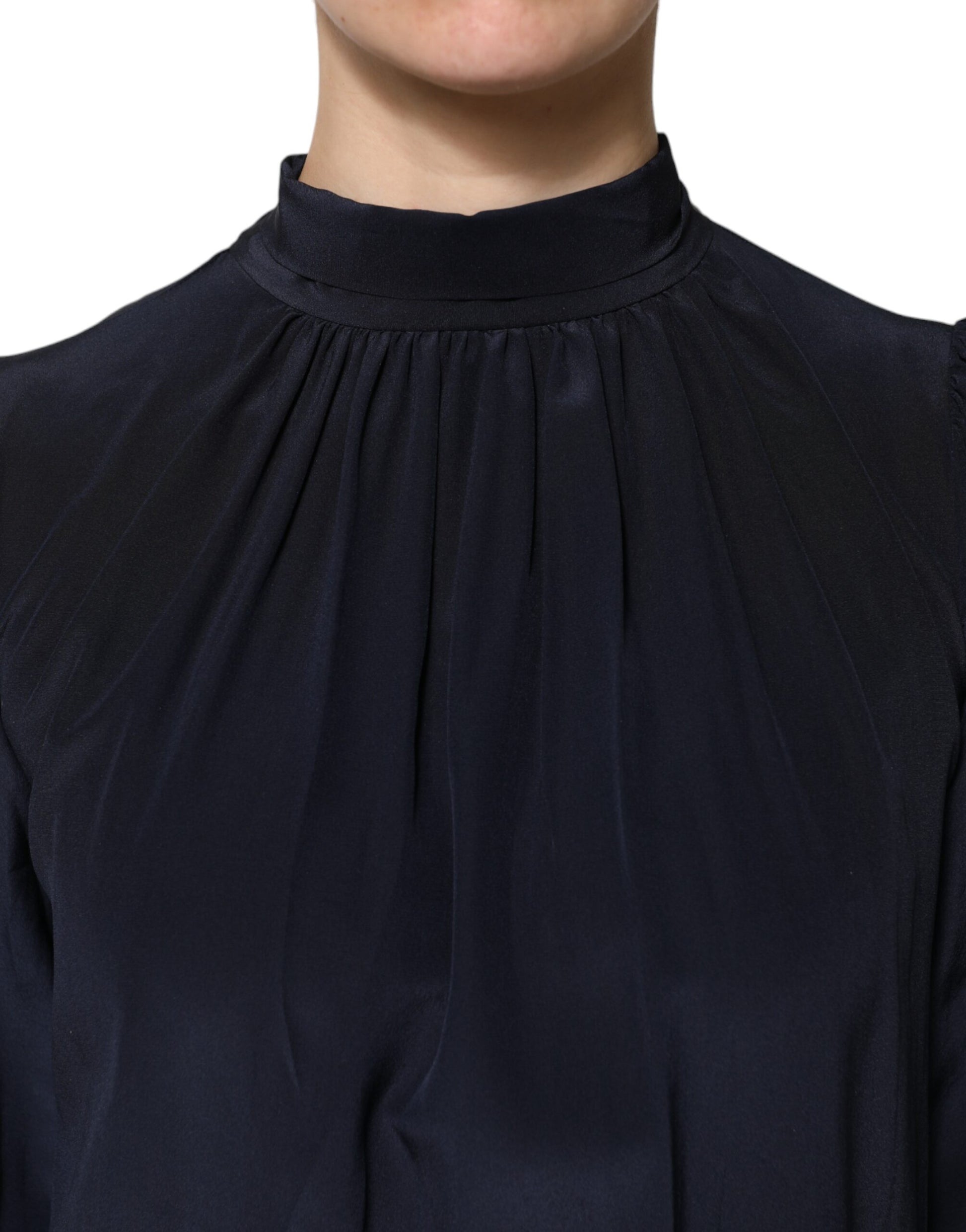 Blue Silk Mock Neck Long Sleeves Blouse Top