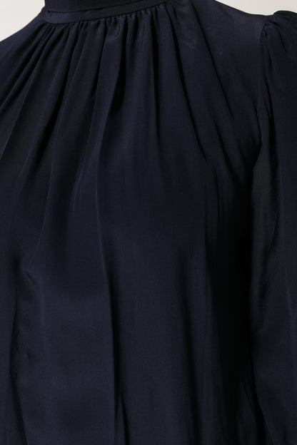 Blue Silk Mock Neck Long Sleeves Blouse Top