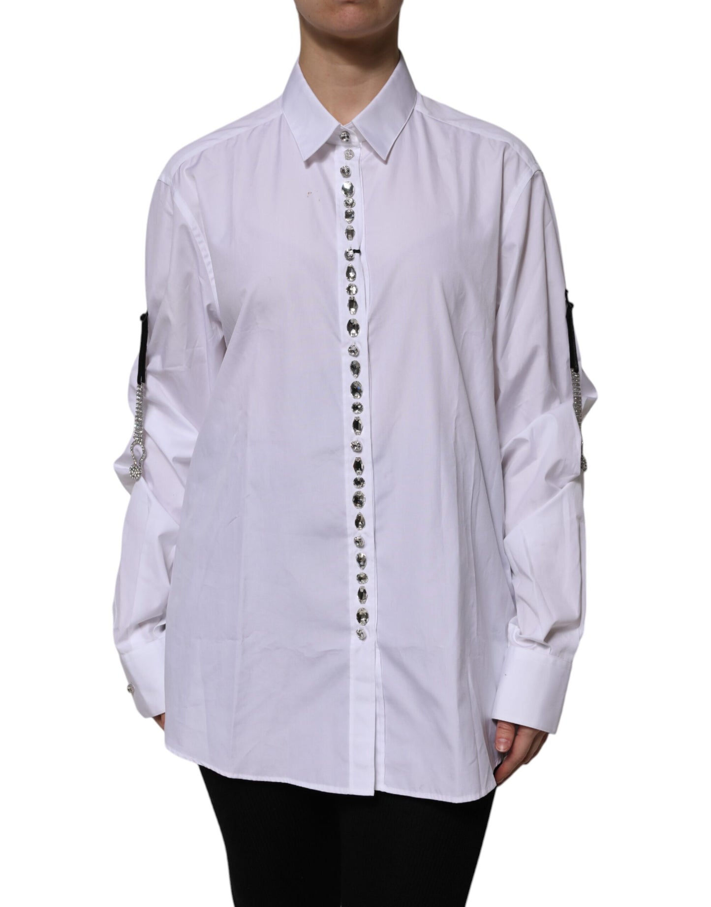 White Rhinestone Embellish Long Sleeves Top