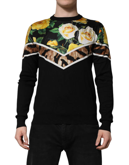 Black Silk Floral Crew Neck Pullover Sweater