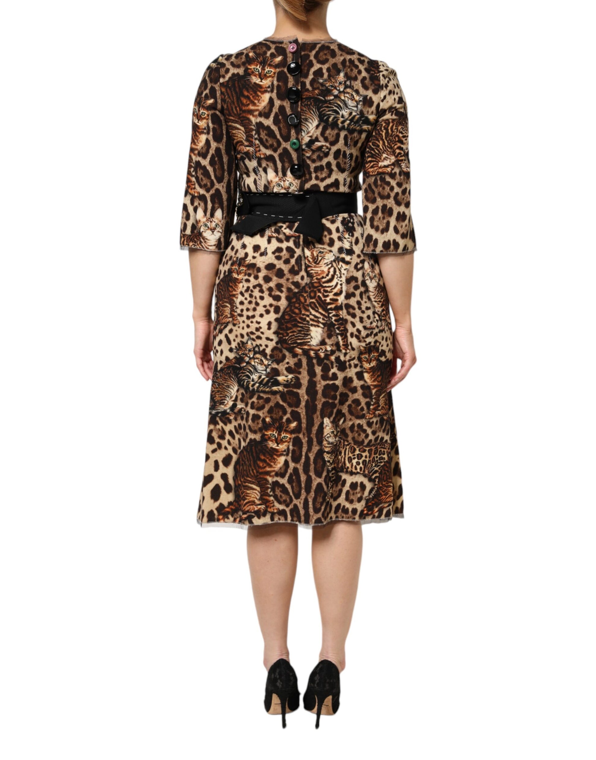 Brown Leopard Print Belted A-line Midi Dress