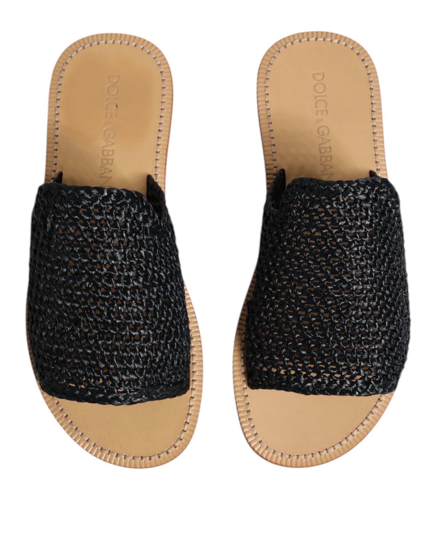 Black Monochrome Braided Raffia Slides Shoes