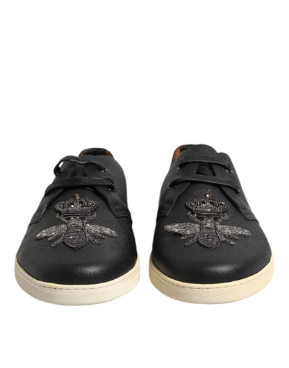 Black Leather Bee Crown Low Top Sneakers Shoes