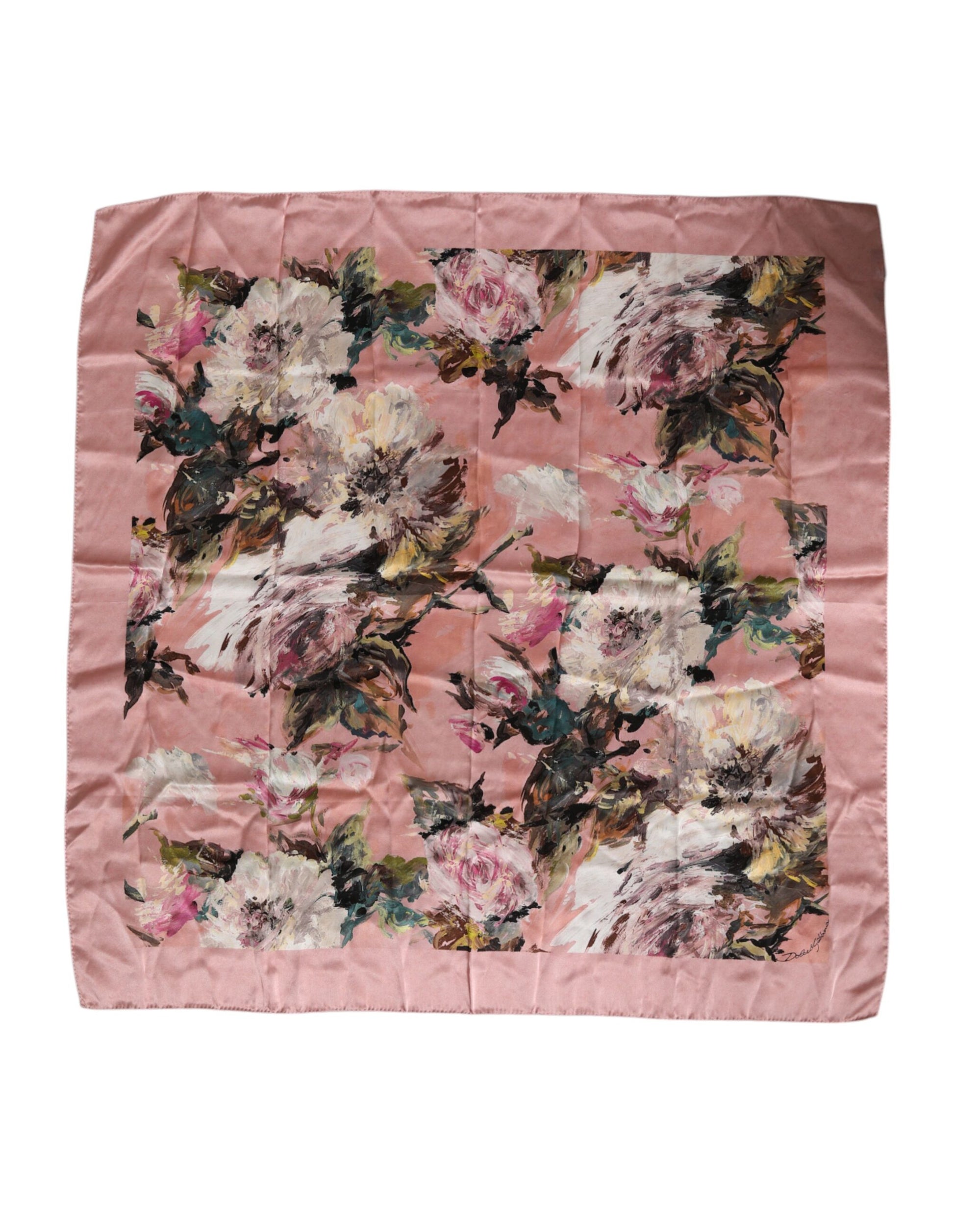 Pink Silk Floral Print Square Foulard Scarf