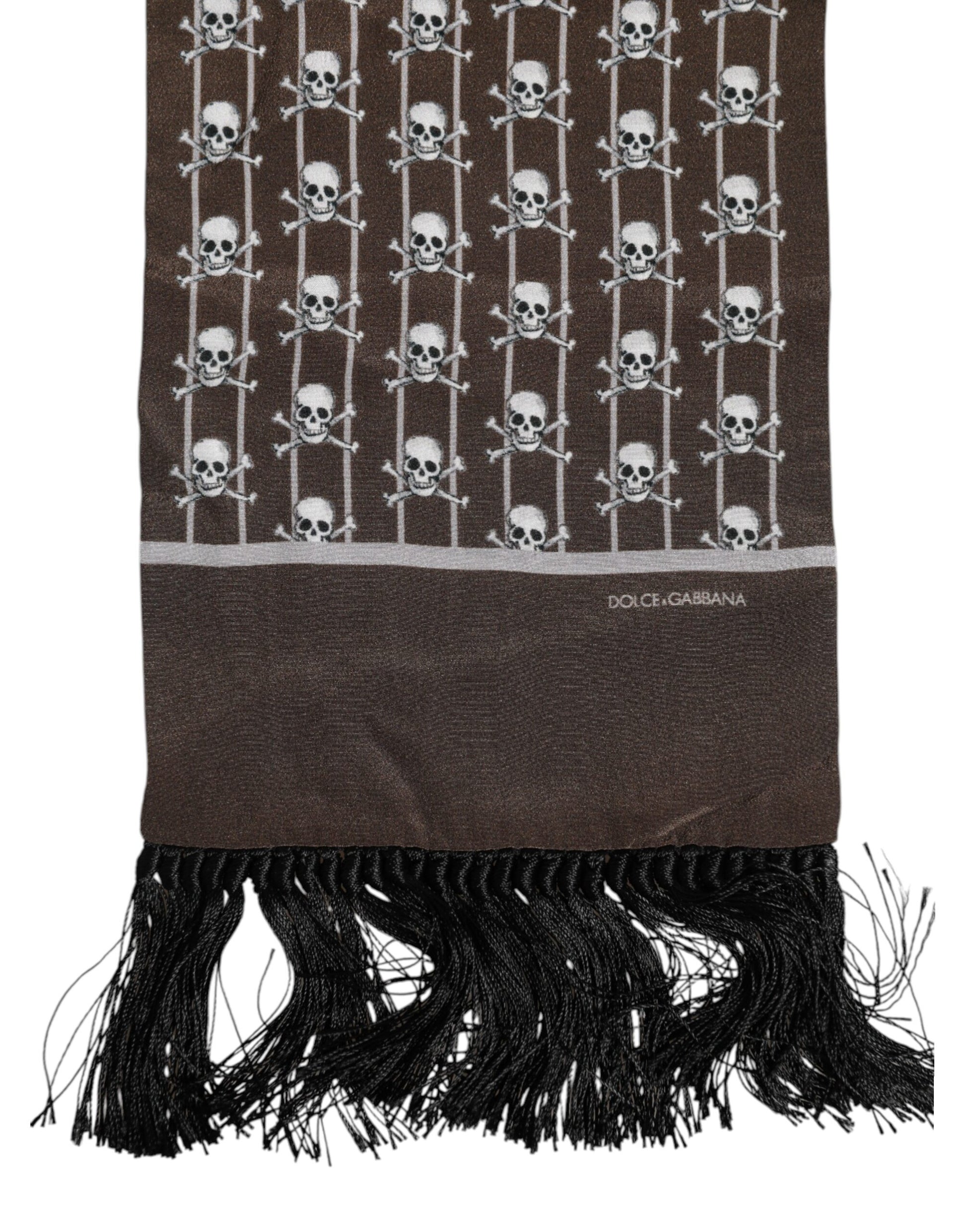 Brown Skulls Print Fringes Men Foulard Scarf