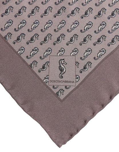 Brown Sea Horse Silk Square Foulard Scarf