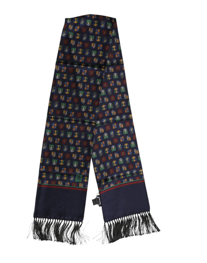 Blue Silk Printed Fringes Foulard Scarf