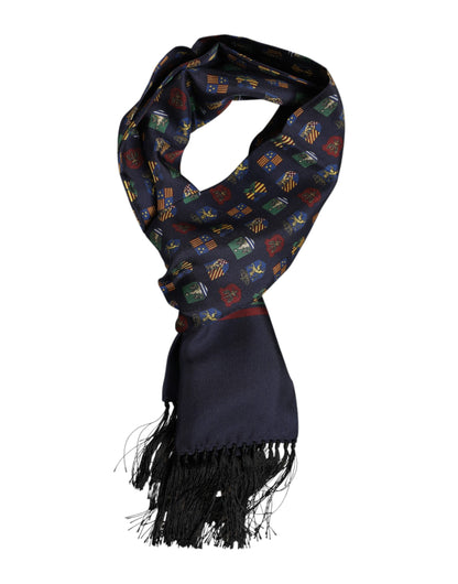 Blue Silk Printed Fringes Foulard Scarf