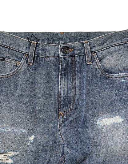 Blue Washed Tattered Straight Fit Denim Jeans