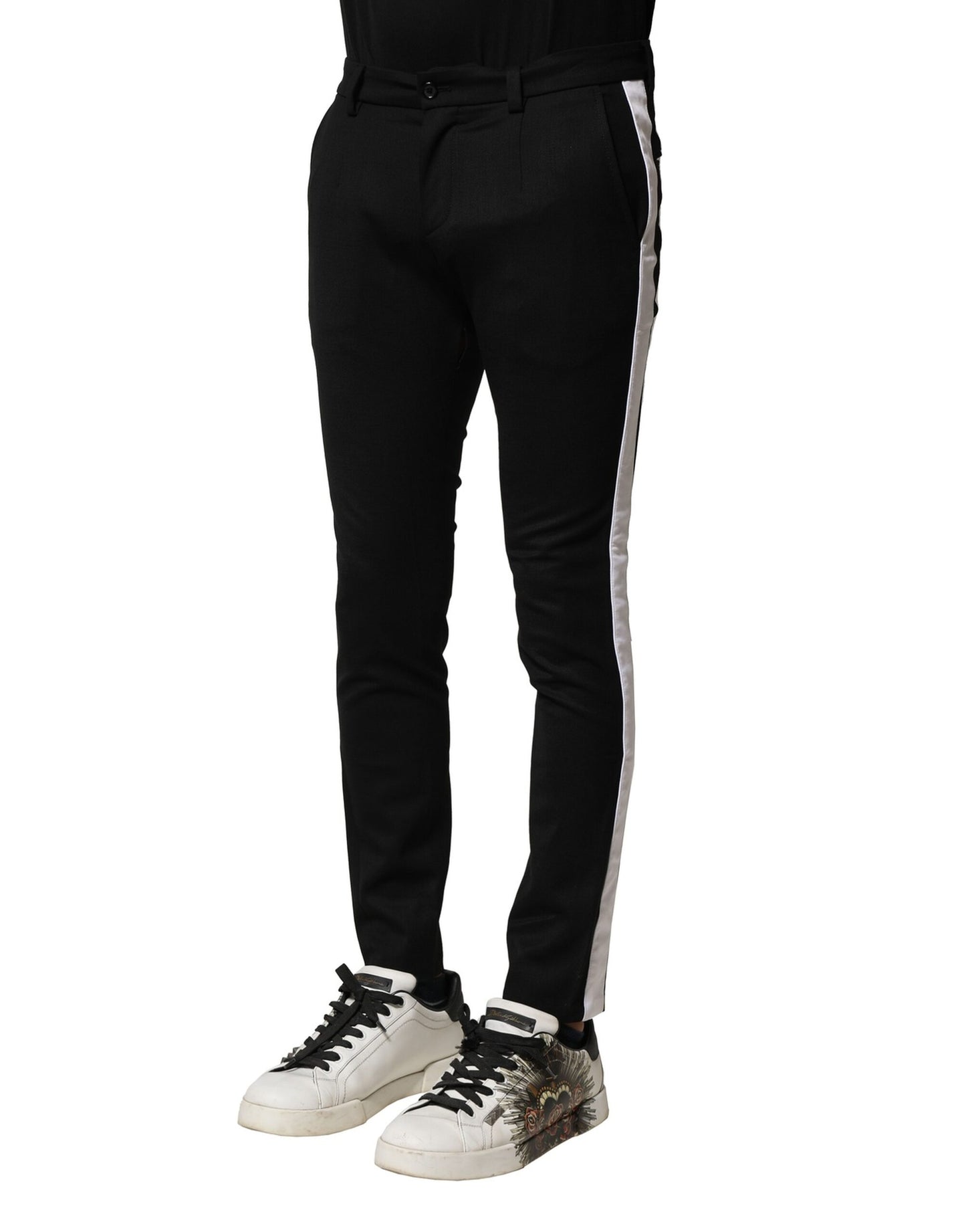 Black Wool Men Skinny Mid Waist Pants