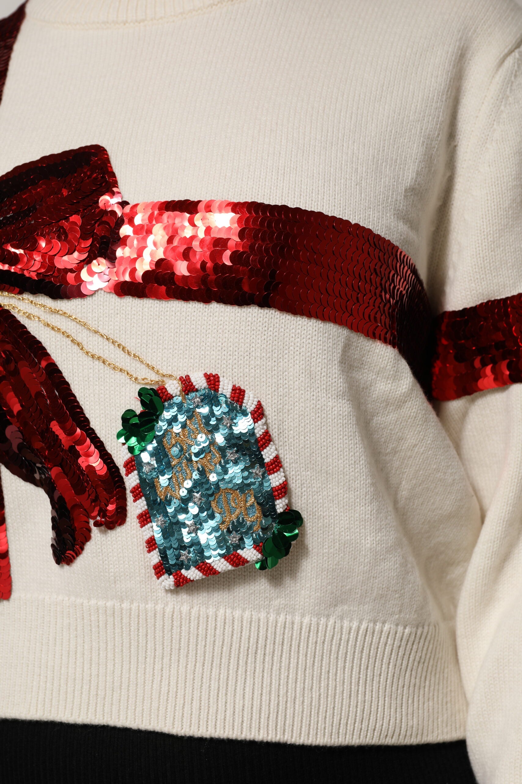 White Sequined Crew Neck Pullover Sweater