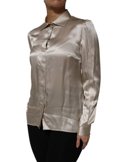 Beige Satin Silk Collared Long Sleeves Top