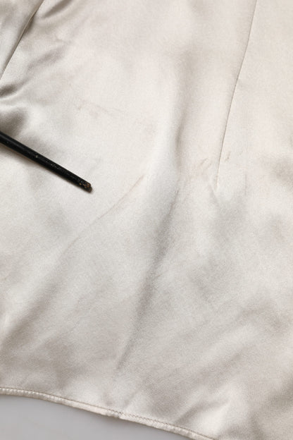 Beige Satin Silk Collared Long Sleeves Top