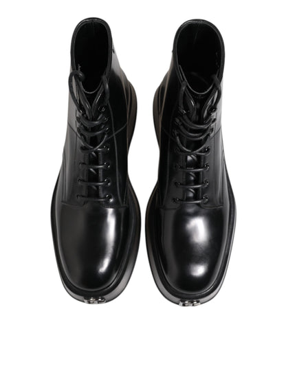 Black Leather Logo Ankle Boots Lace Up Shoes