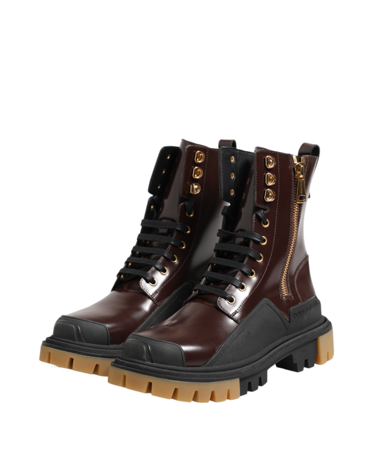Brown Black Leather Boots Zipper Lace Up Shoes