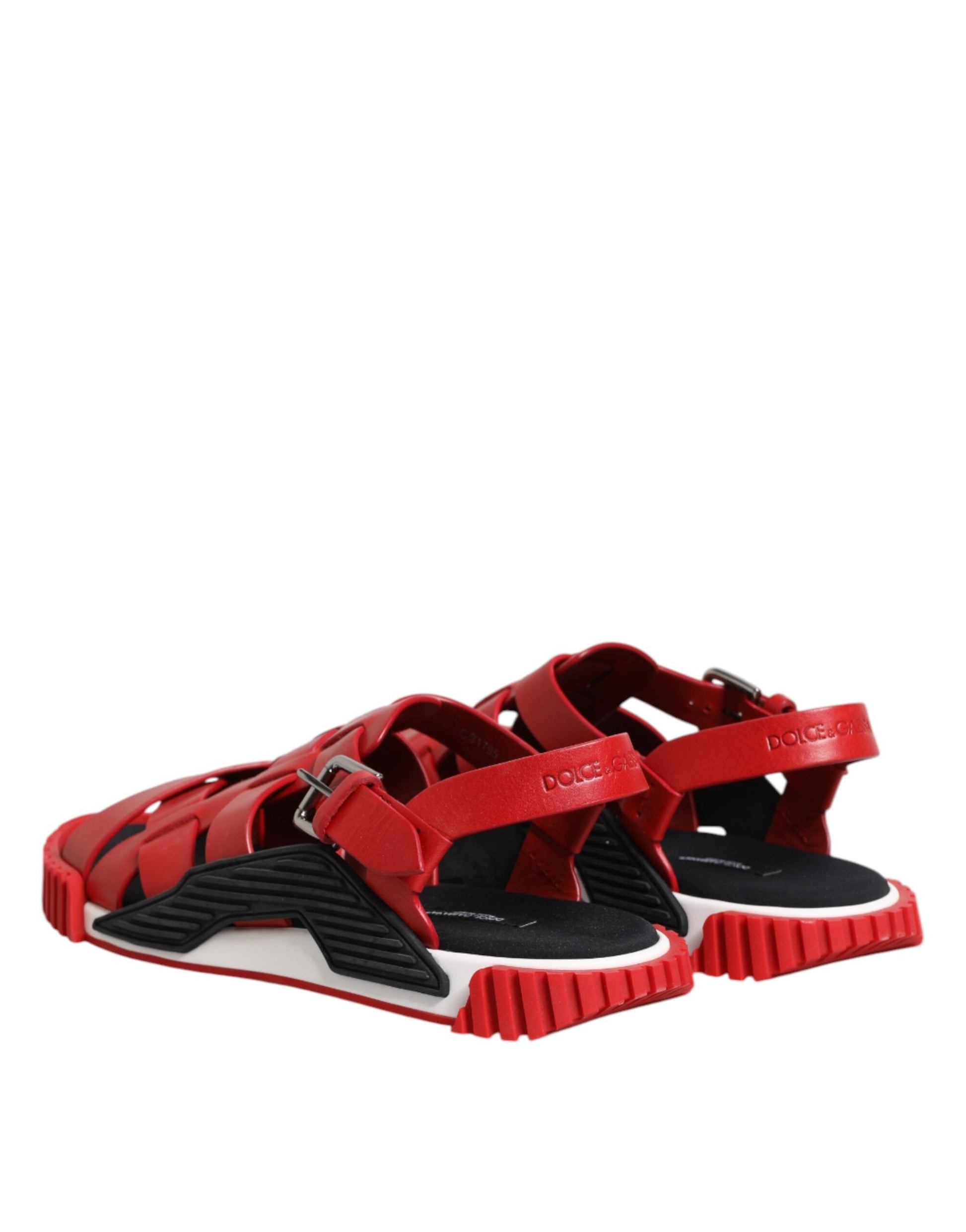 Red Black Leather Ankle Strap Sandals Shoes