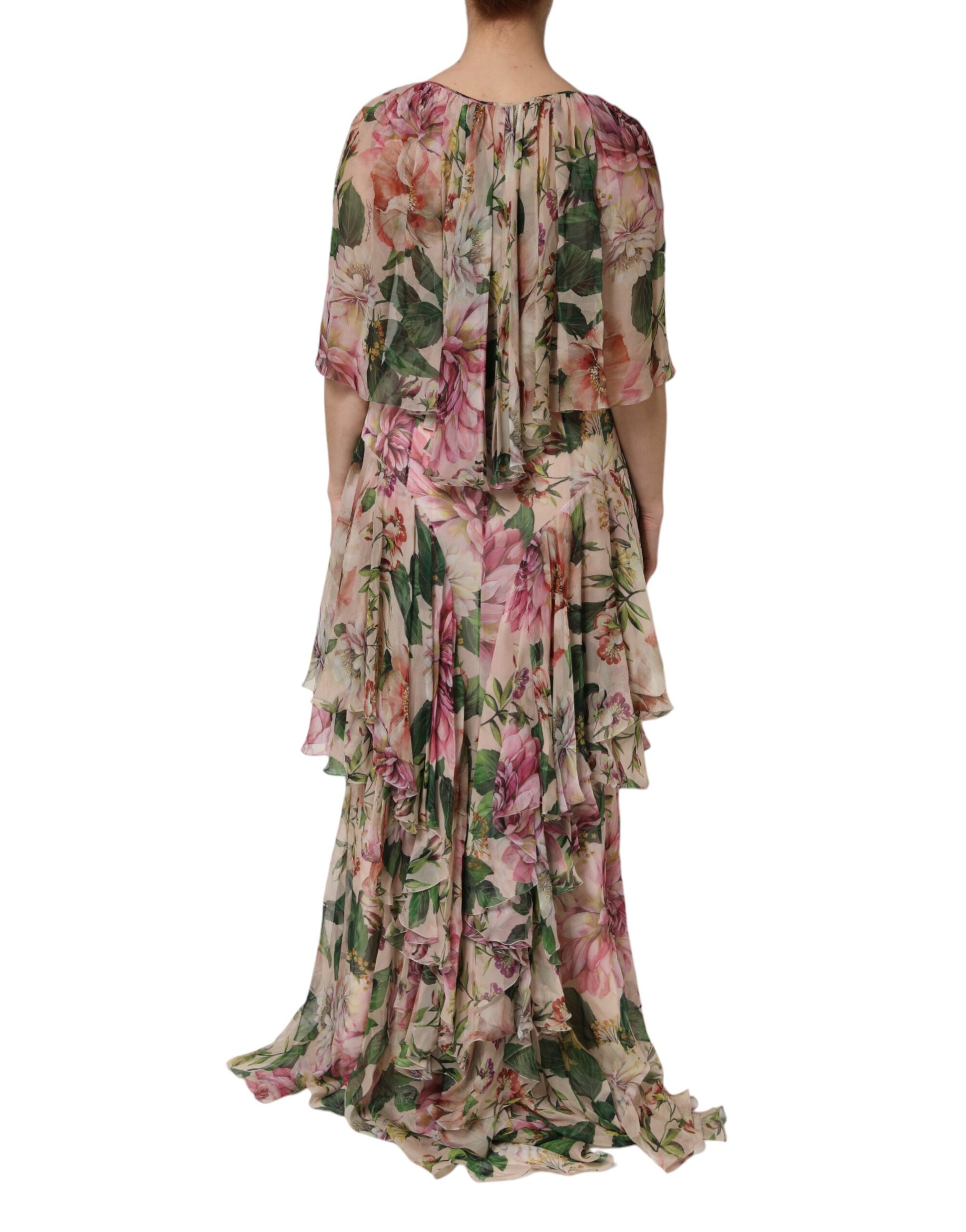 Pink Floral Print Tiered Long Maxi Dress