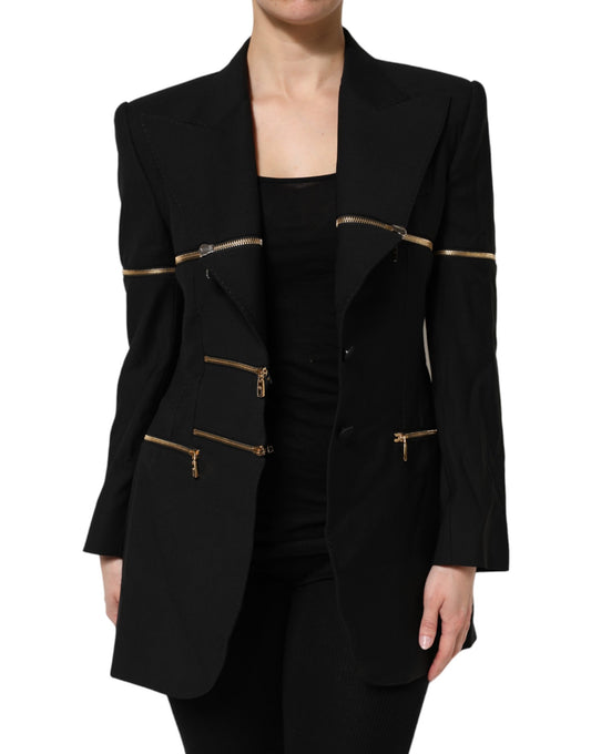 Black Wool Zipper Detailing Blazer Jacket