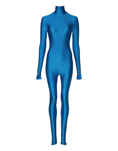 Blue Nylon Turtleneck Bodycon Jumpsuit Dress