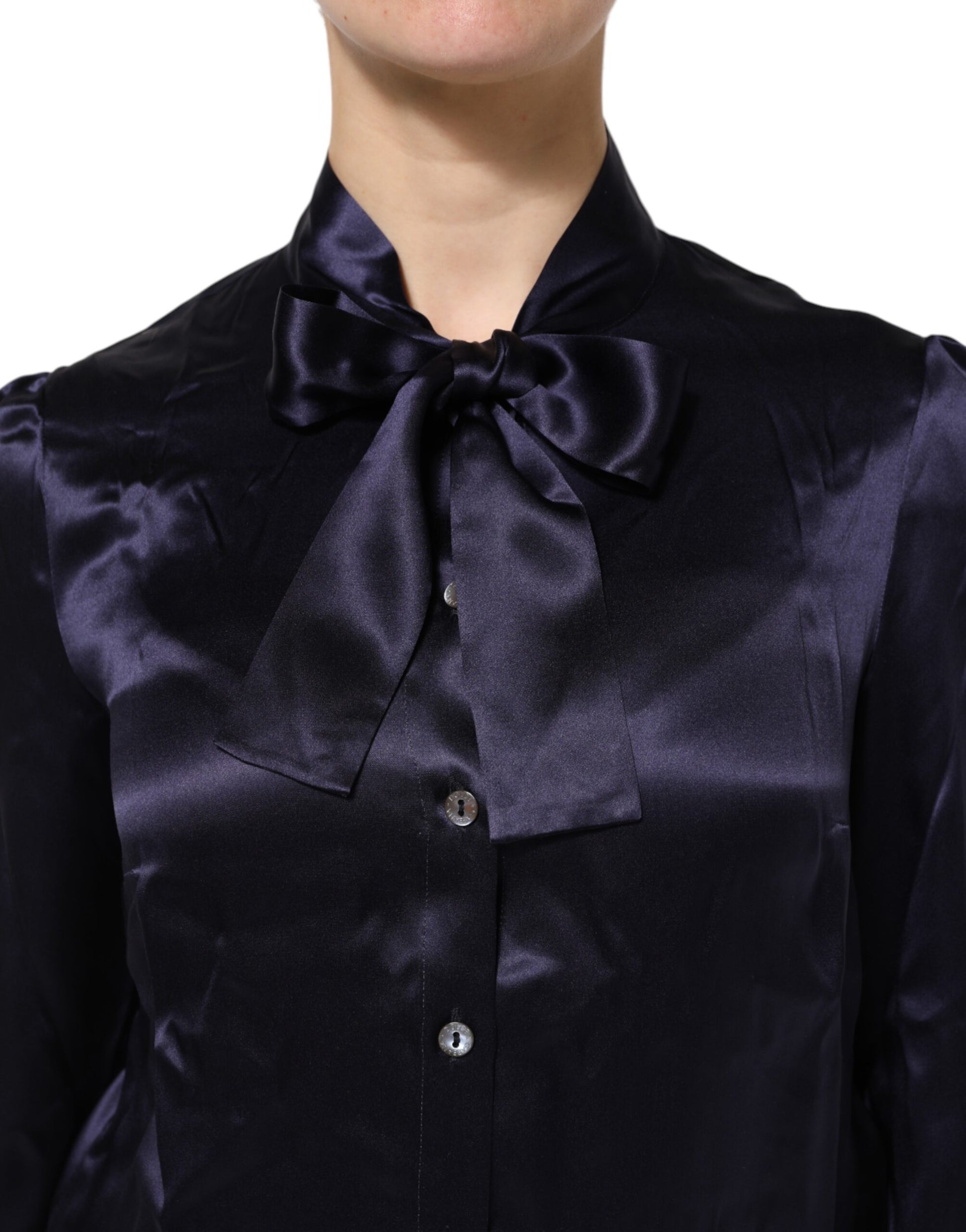 Dark Purple Silk Ascot Collared Blouse Top