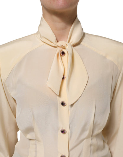 Light Yellow Silk Ascot Collared Blouse Top