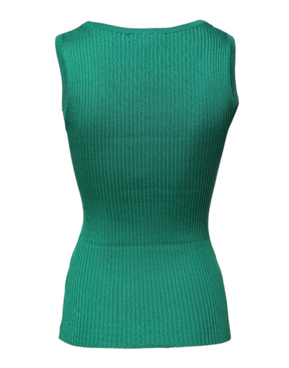 Green Silk Sleeveless Round Neck Tank Top
