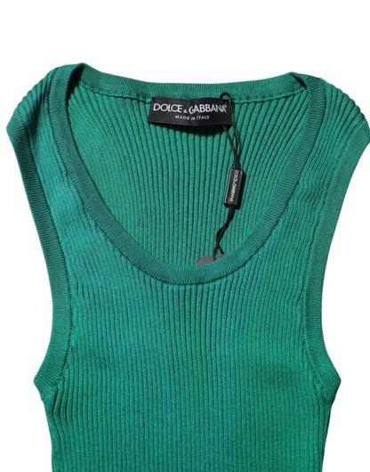 Green Silk Sleeveless Round Neck Tank Top