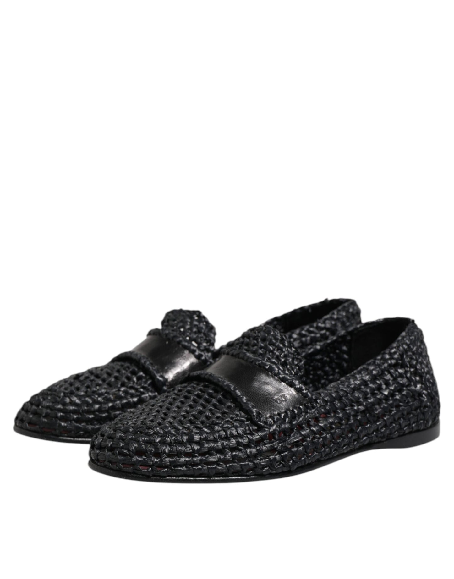 Black Woven Leather Slip On Loafers Men Shoes