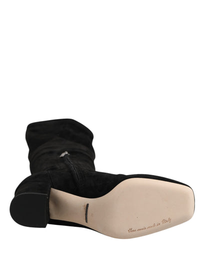 Black Suede Leather Knee High Boots Shoes