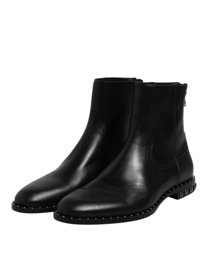 Black Leather Logo Ankle Boots Studded Shoes