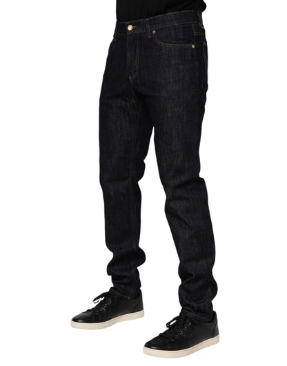 Dark Blue Cotton Logo Plaque Men Denim Jeans