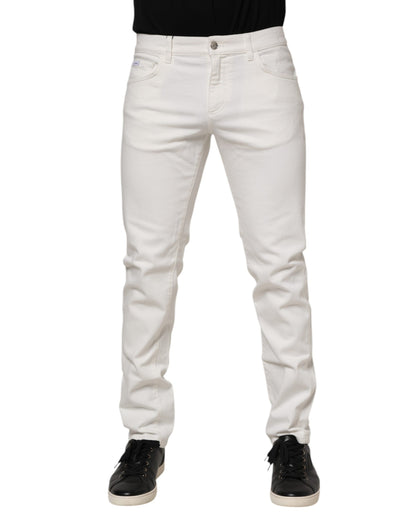 White Cotton Logo Plaque Slim Fit Denim Jeans