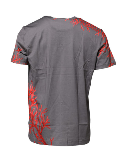 Gray Cotton Coral Print Logo Plaque T-shirt