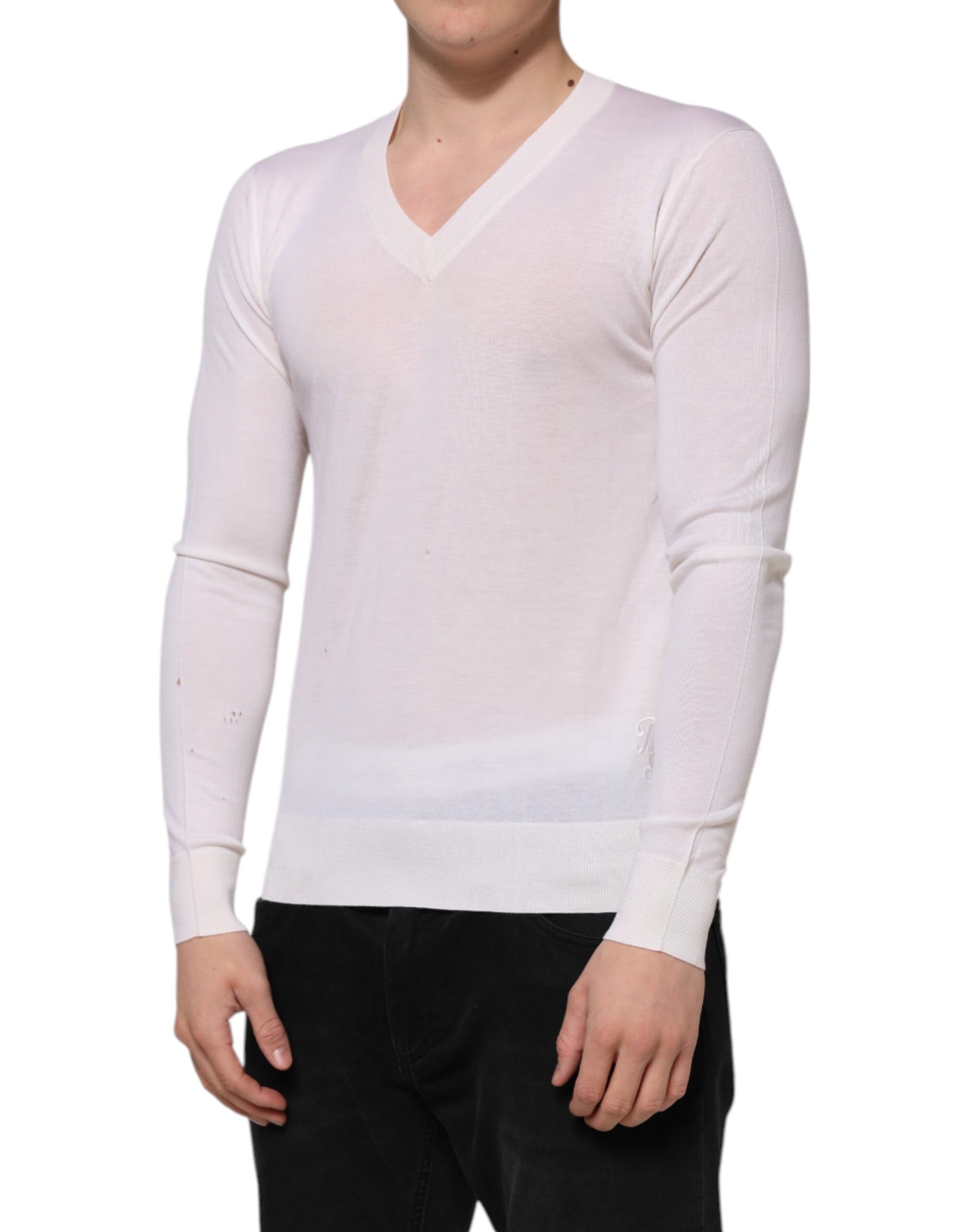 White Cashmere Logo V-neck Pullover Sweater