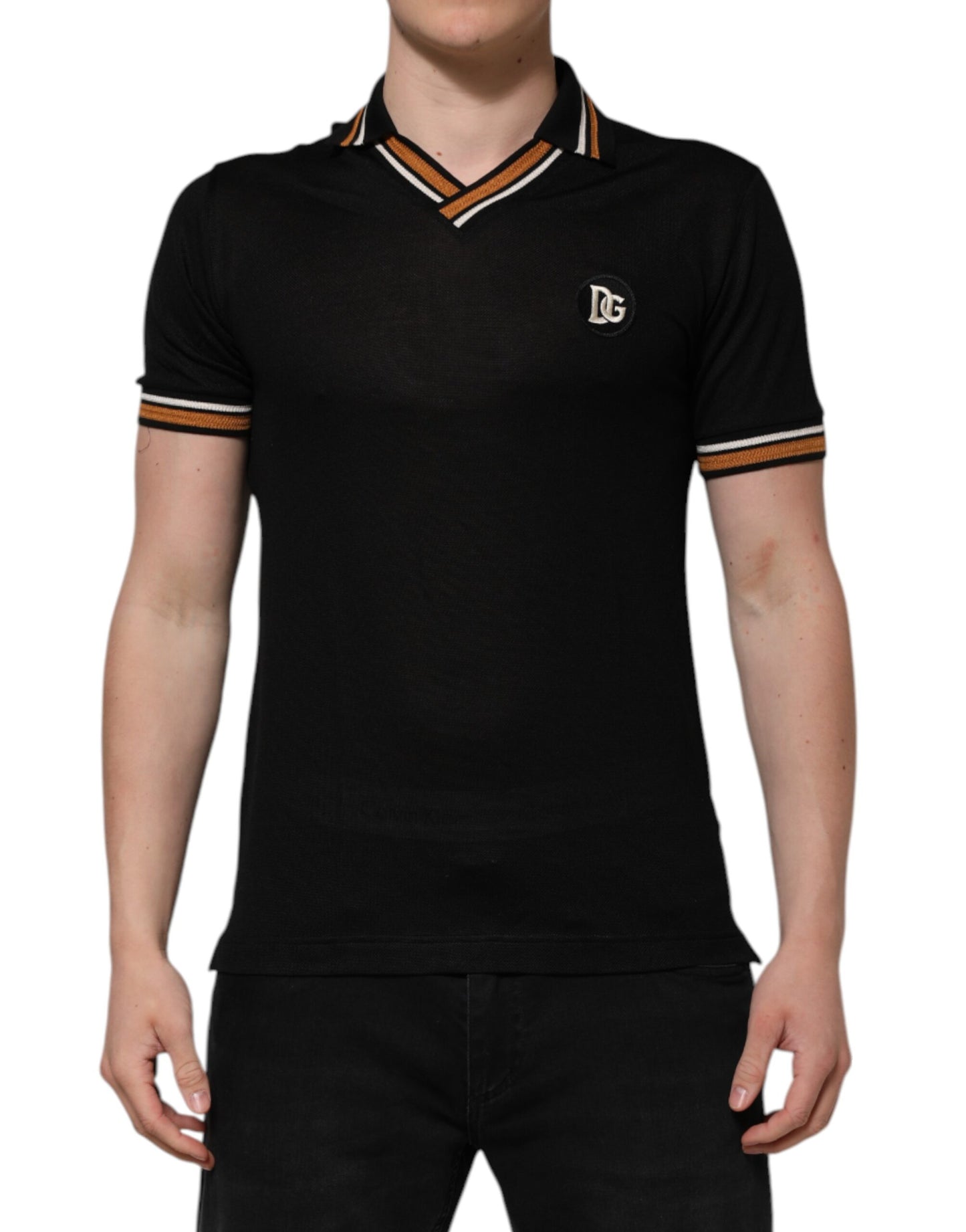 Black DG Silk V-neck Collared Men Polo T-shirt