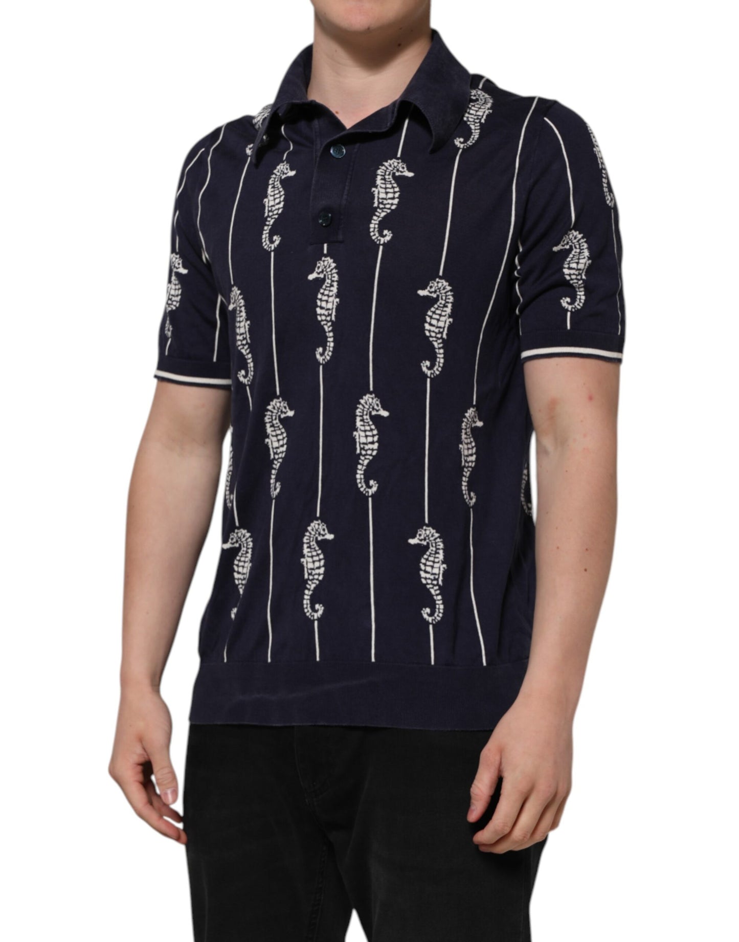 Dark Blue Sea Horse Collared Polo T-shirt