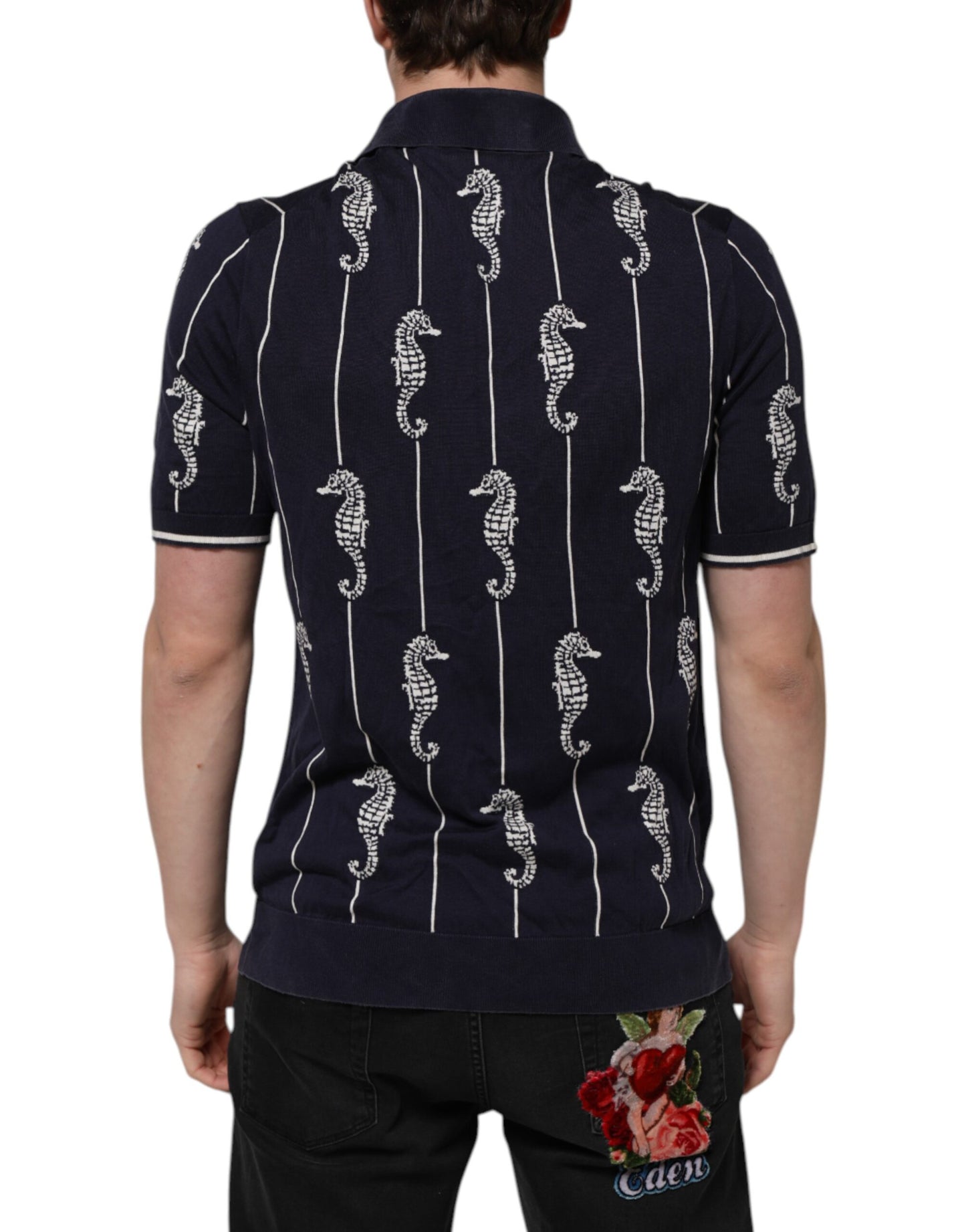 Dark Blue Sea Horse Collared Polo T-shirt