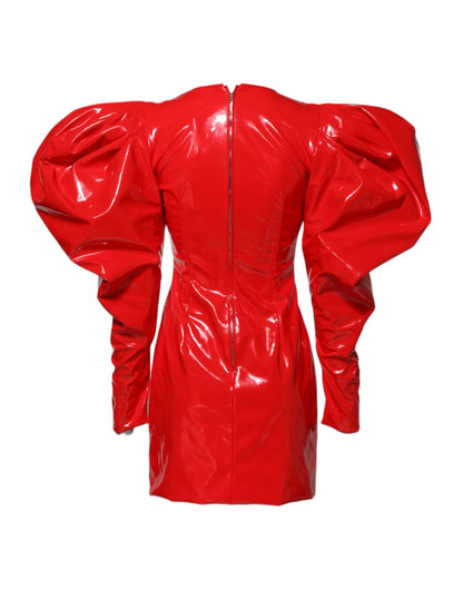 Red Patent Leather Puff Sleeves Mini Dress