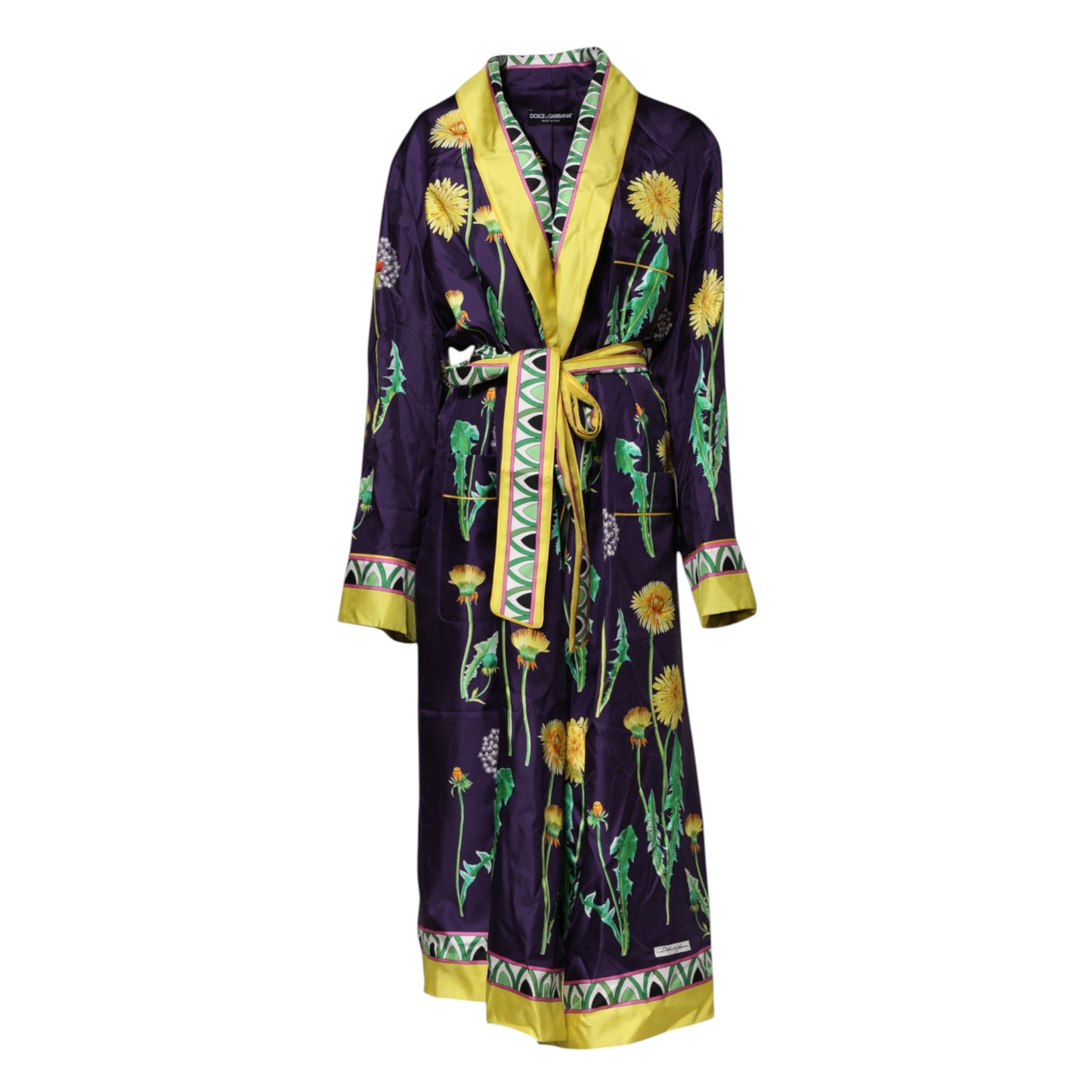 Blue Floral Print Silk Long Sleeves Wrap Robe