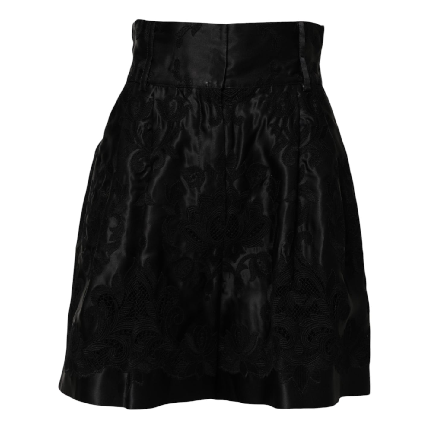 Black Floral Embroidery Silk High Waist Shorts