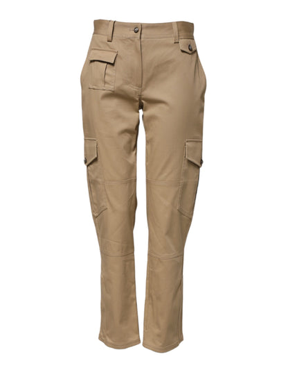 Beige Mid Waist Cargo Tapered Pants