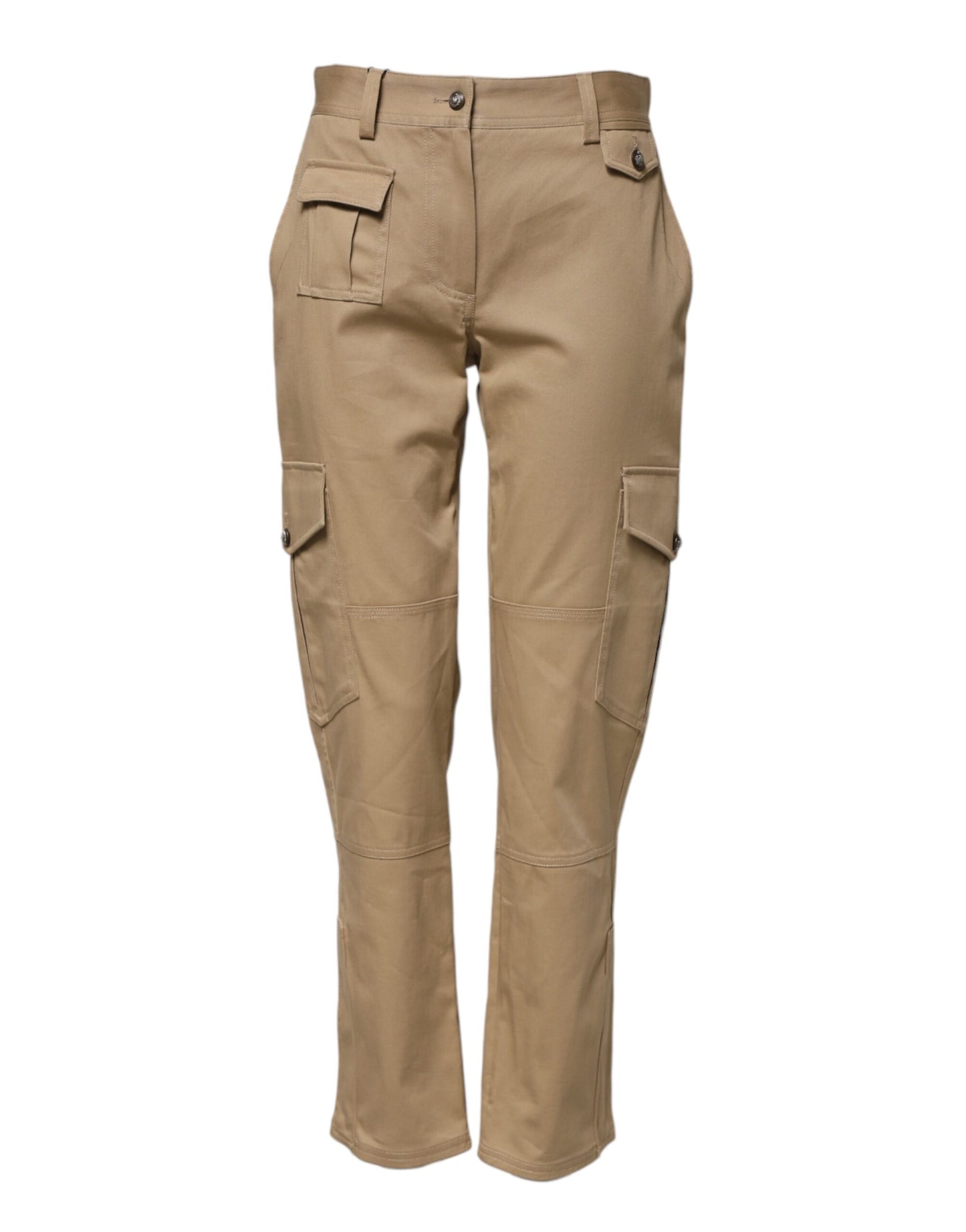 Beige Mid Waist Cargo Tapered Pants