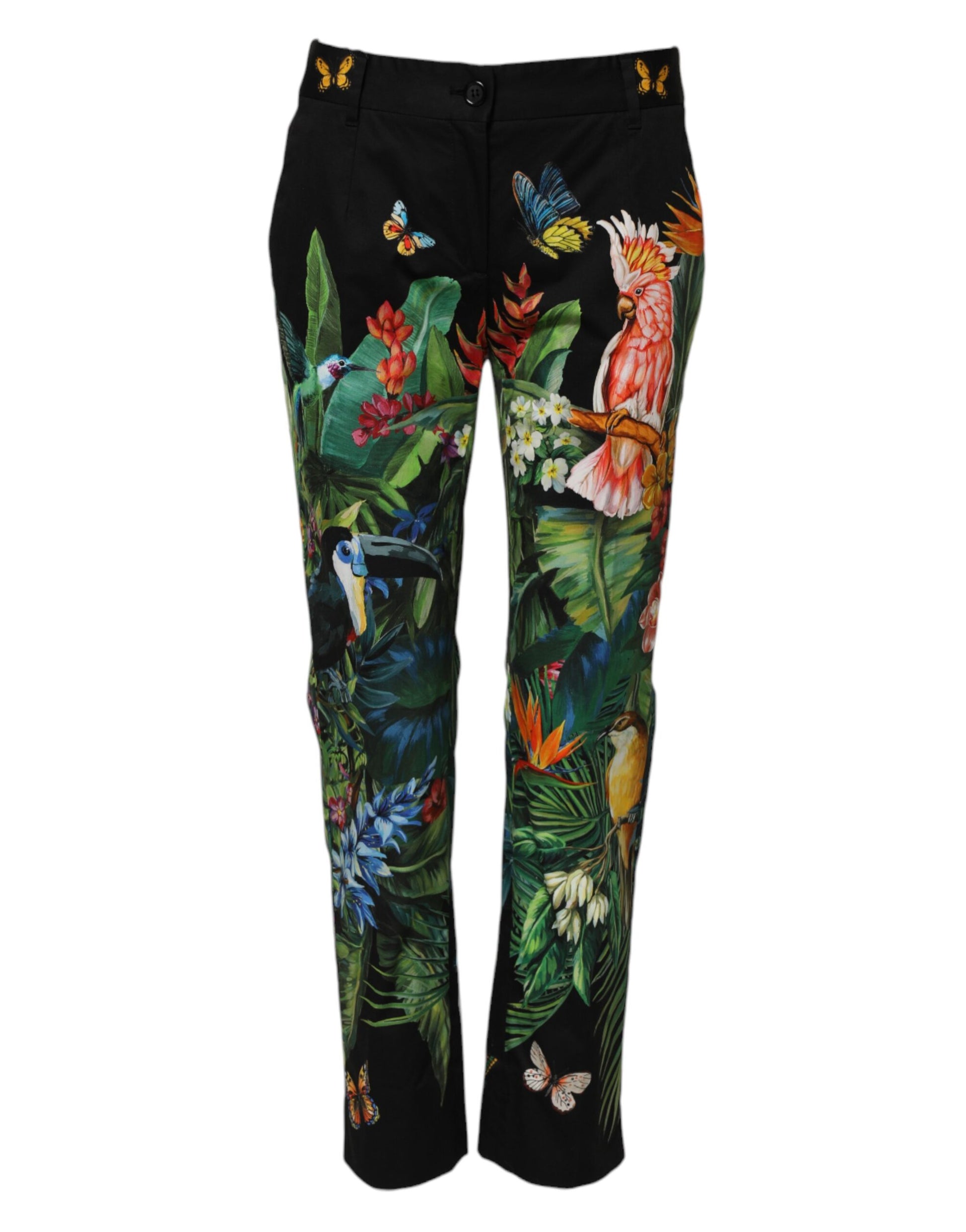 Black Cotton Tropical Mid Waist Pants